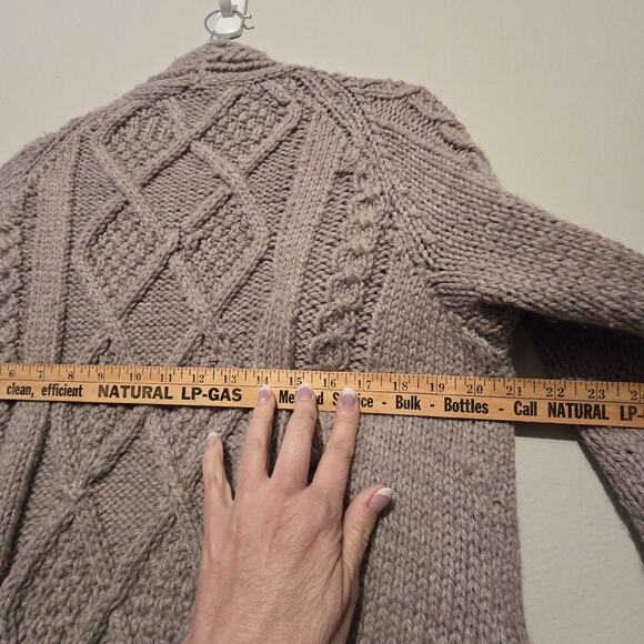 Handmade Cable Knit Cardigan Sweater Womens L XL Taupe Bespoke Preppy Fisherman - Picture 9 of 10